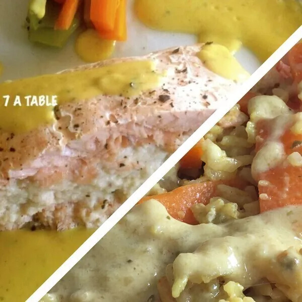 Pavés de saumon, sauce à la mangue et son riz et légumes