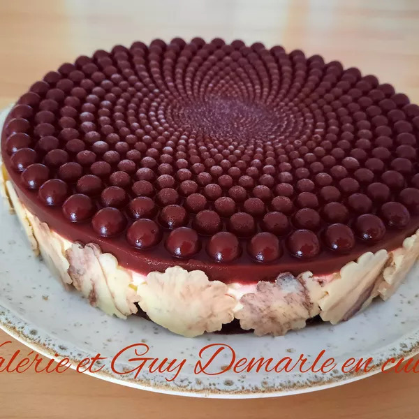 Entremets Saveurs framboise-vanille/chocolat blanc-biscuit chocolat