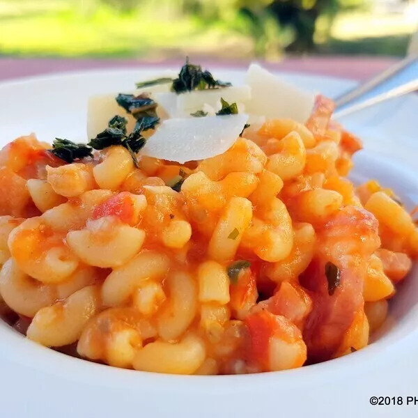 Coquillettes aux lardons, sauce tomate basilic