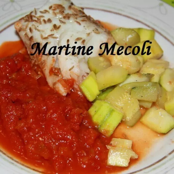 Dos de cabillaud aux graines de fenouil accompagné de dés de courgettes et sa compotée de tomates sans cook'in