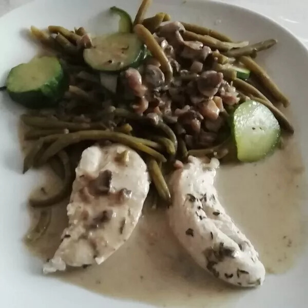 Aiguillettes de poulet haricots verts sauce champignons 