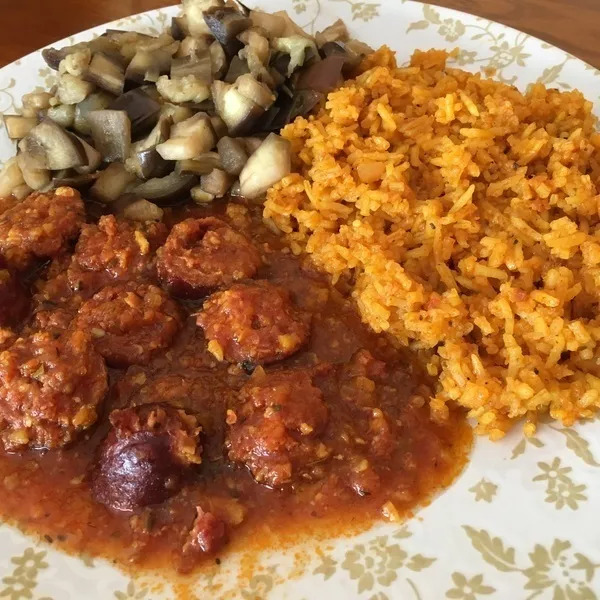 Rougail saucisses riz aubergines