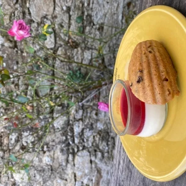 Pannacottas au coulis de framboises et sa madeleine tigrée