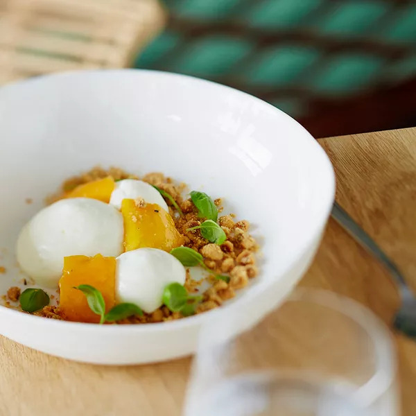 Nuage de yaourt, mangue fraîche, basilic et noisette