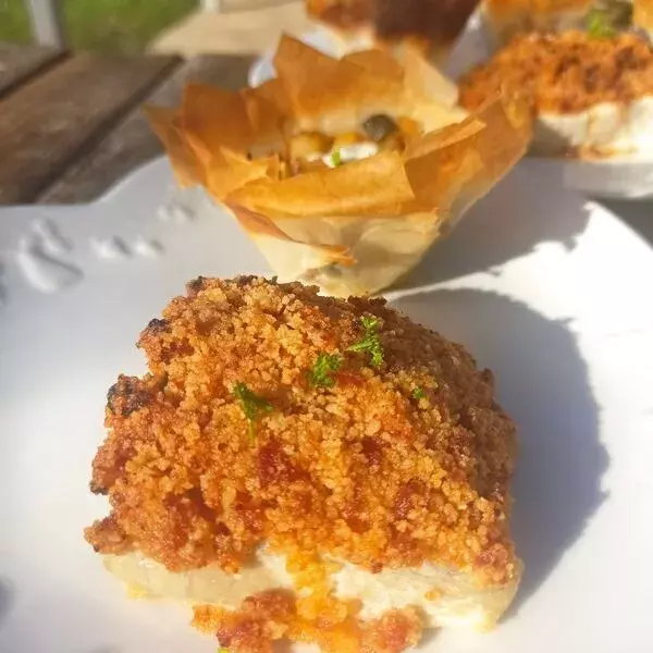 corolles de légumes et cabillaud en croute de chorizo