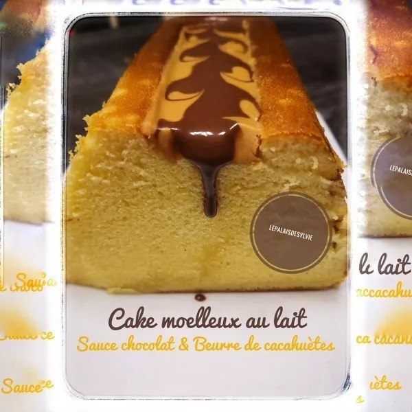 Cake moelleux au lait et sa sauce beurre de cacahuète et chocolat au lait