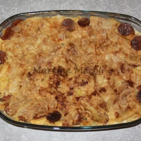 Gratin de macaroni, chou pommé et chorizo sans cook'in