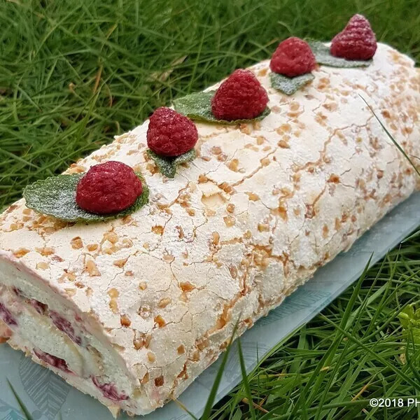 Pavlova roulée aux framboises