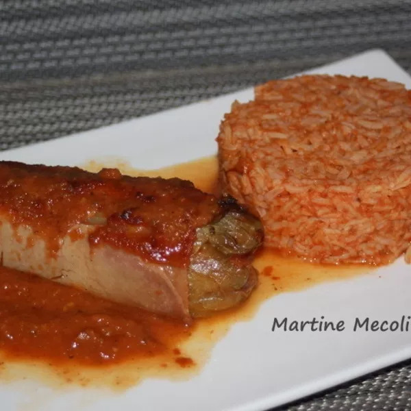 Endives au jambon et coulis de tomates accompagnées de timbales de riz basmati sans cook'in