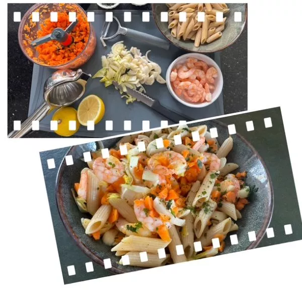 Salade de pâtes complètes, crevettes carotte